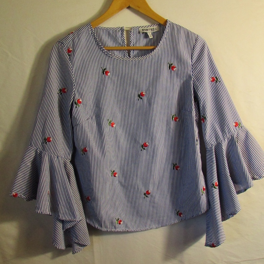 Kontrol Contemporary striped blouse with embroidered flowers & bell sleeves